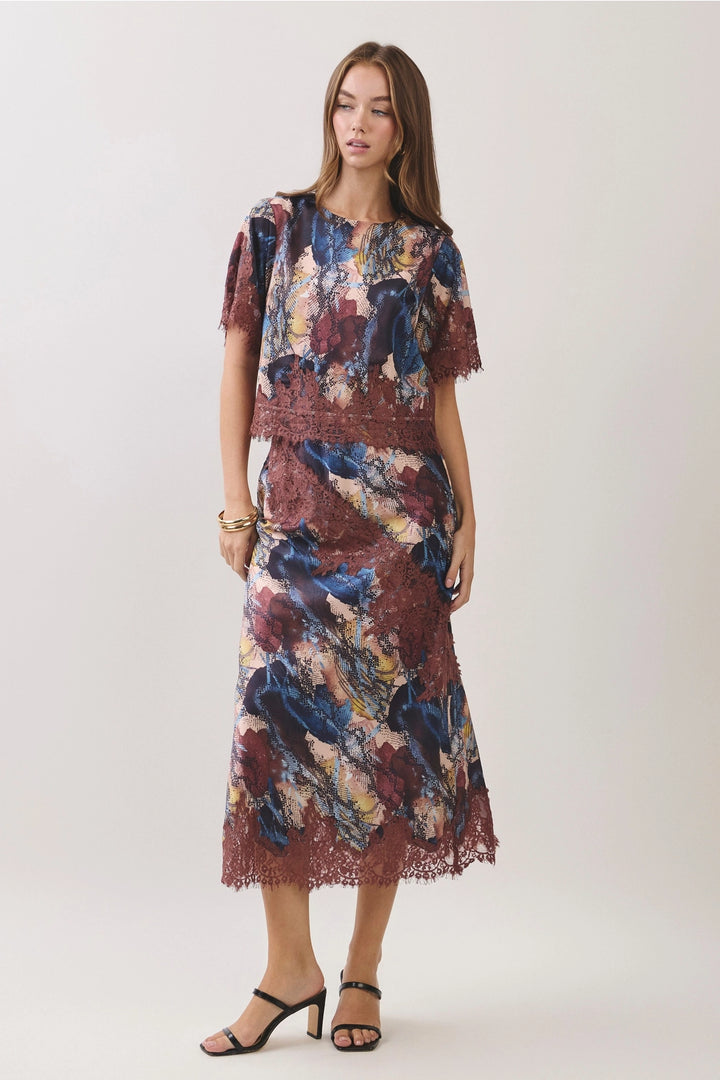 snakeskin print brown lace maxi skirt