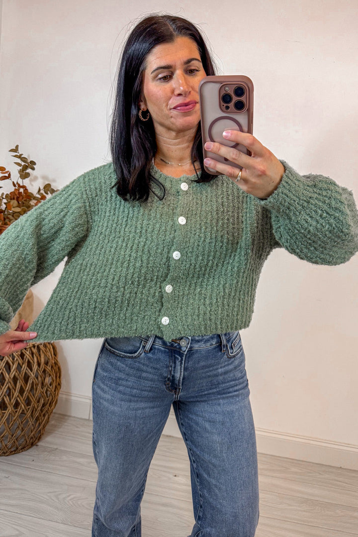 green fuzzy knit sweater cardigan