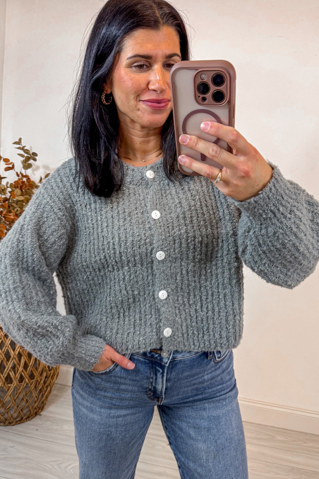 grey fuzzy soft knit sweater cardigan