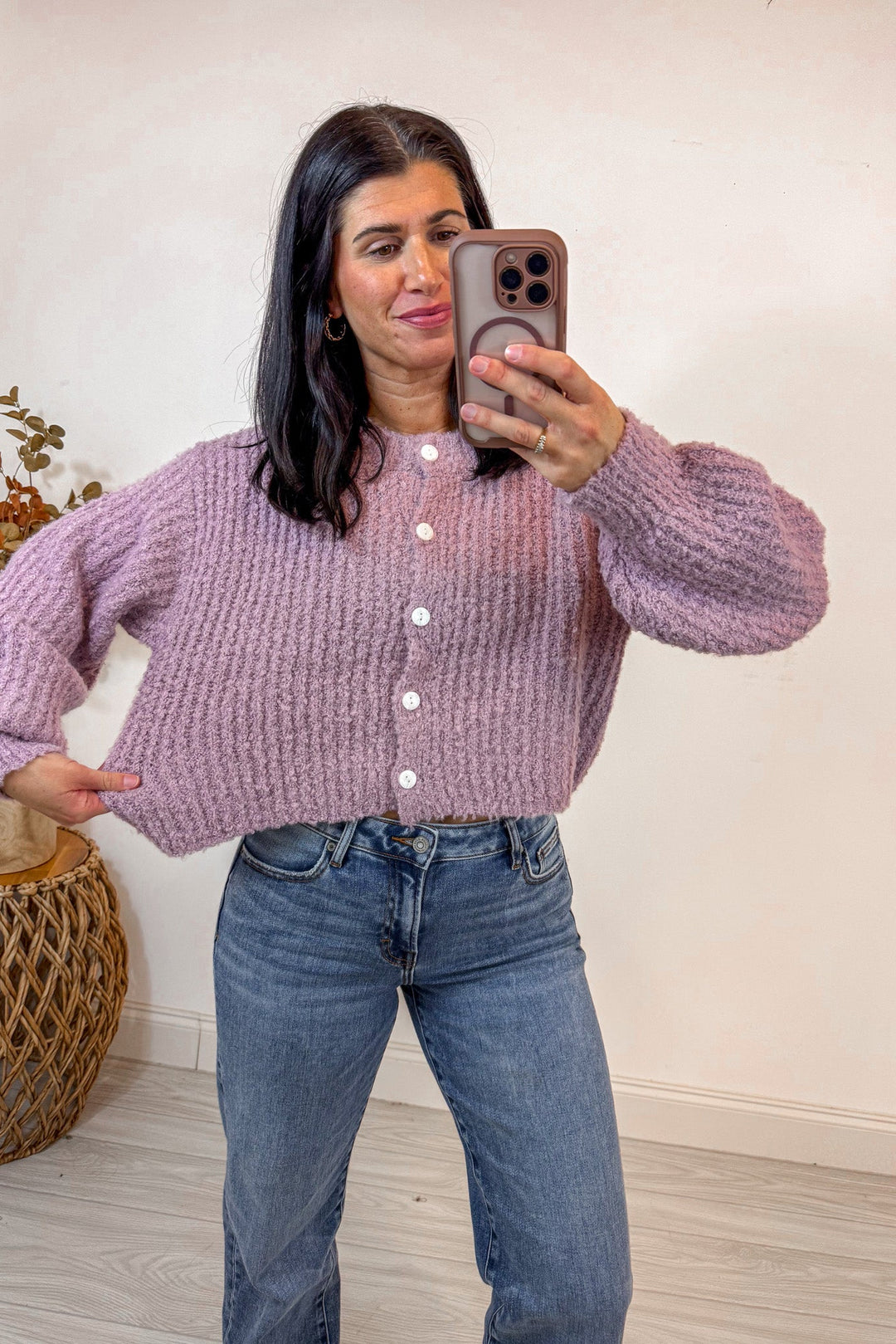 pink purple stretchy soft knit sweater cardigan