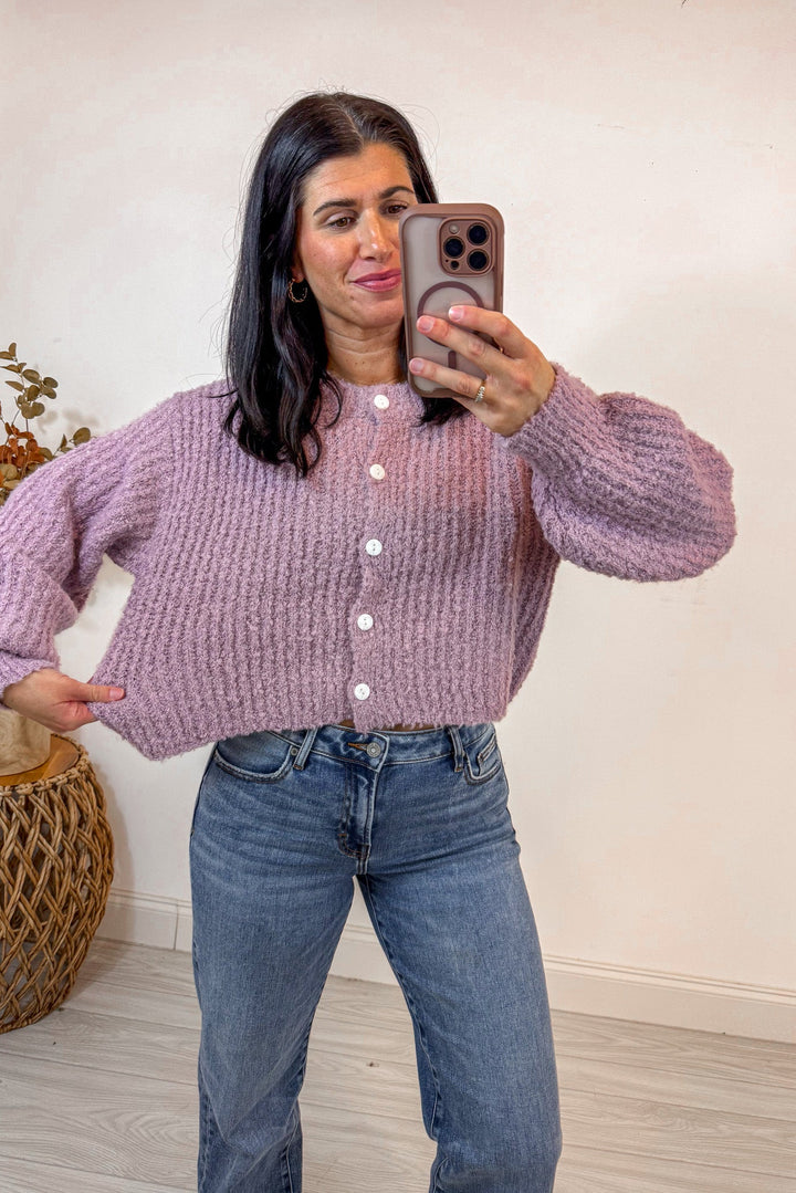 pink purple stretchy soft knit sweater cardigan