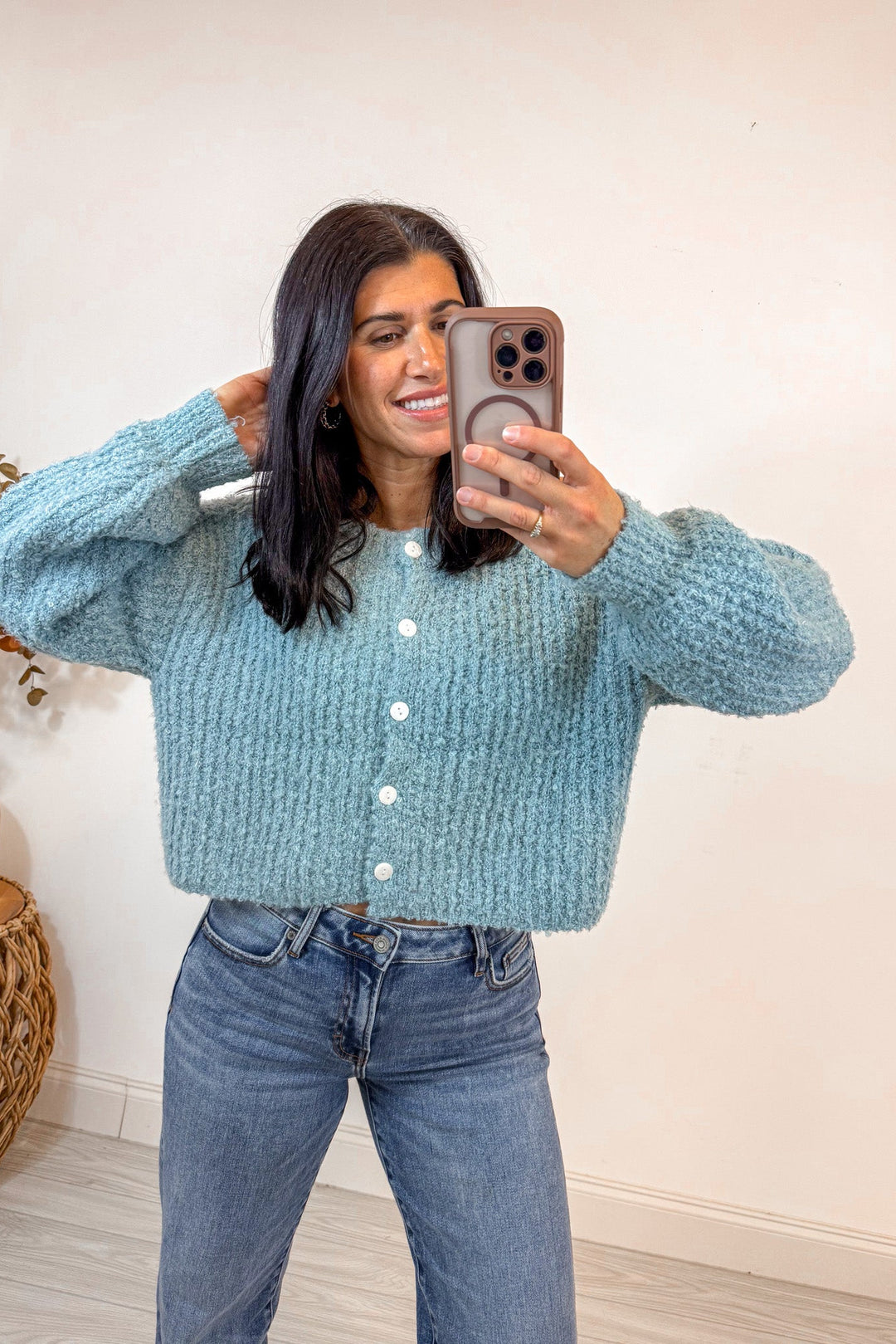 blue fuzzy soft knit sweater cardigan