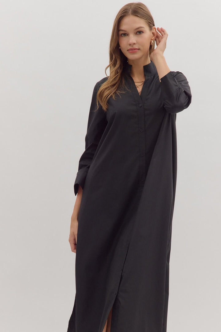 entro solid long sleeve black midi dress details