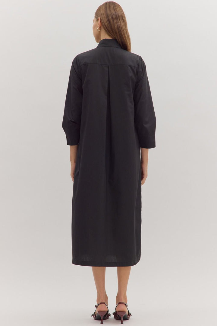 entro solid long sleeve black midi dress back full