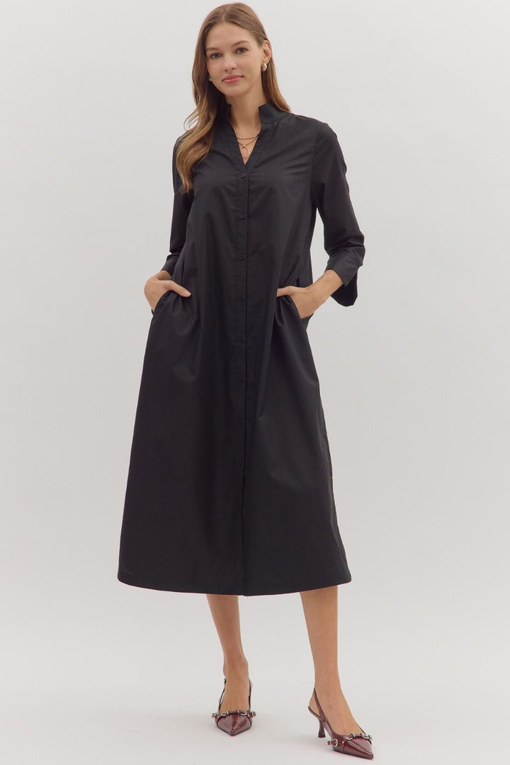 entro solid long sleeve black midi dress front