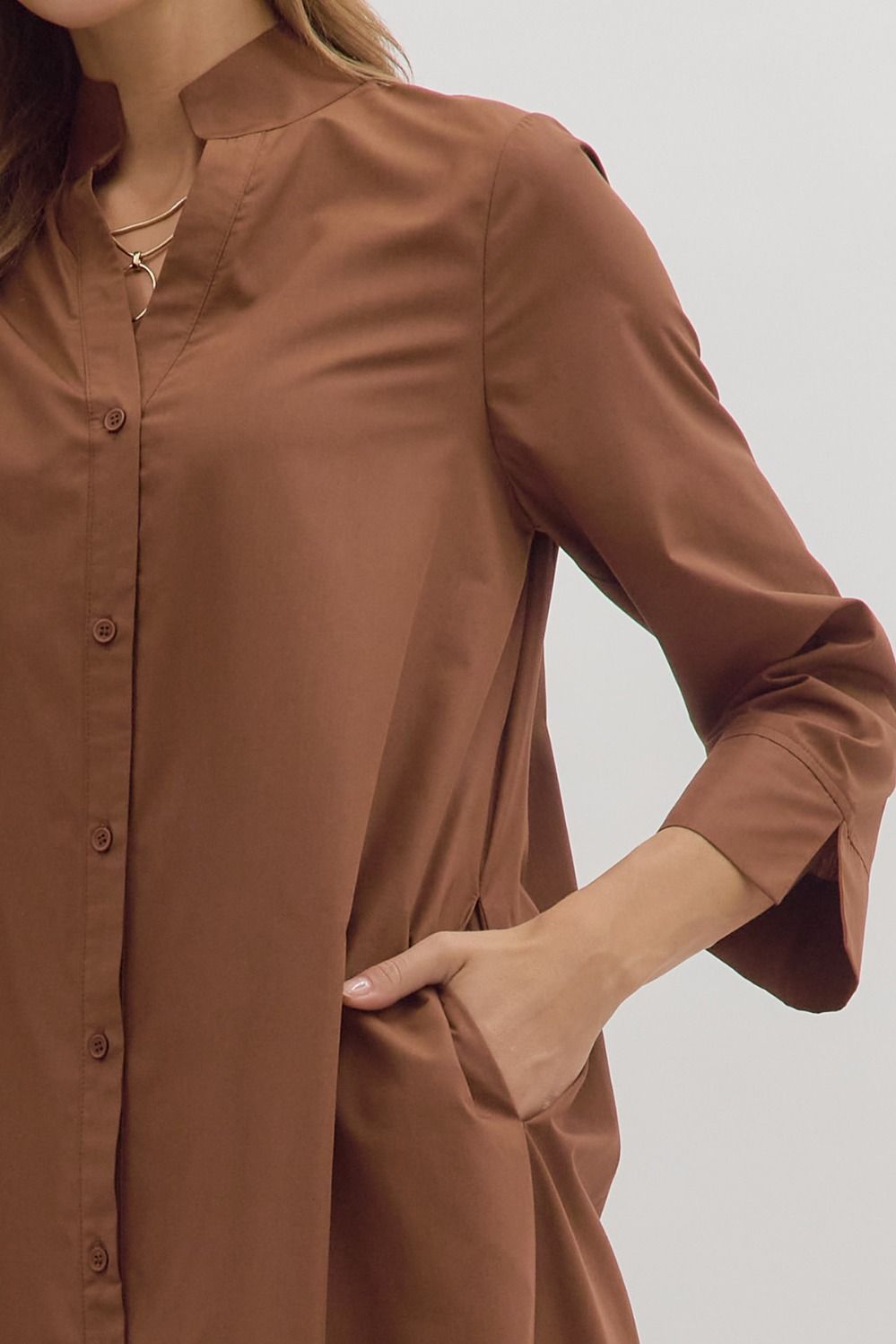 entro solid long sleeve brown midi dress pockets