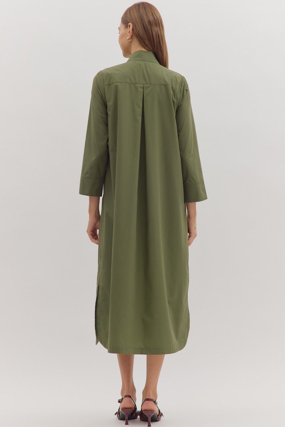 entro solid olive button down midi dress back