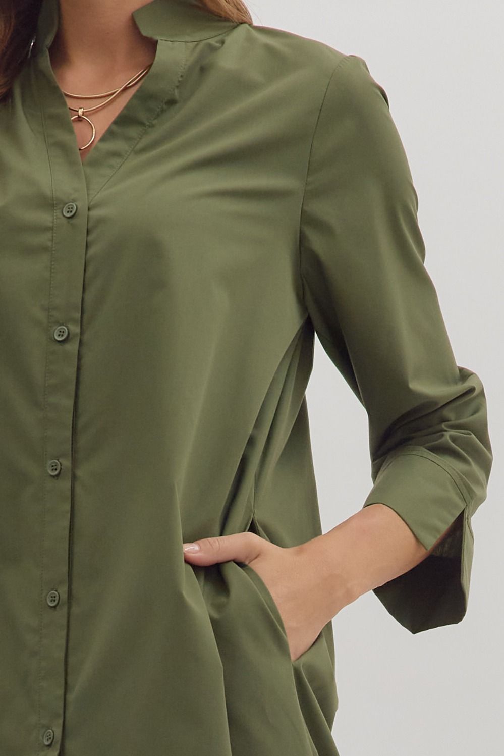 entro solid olive button down midi dress details