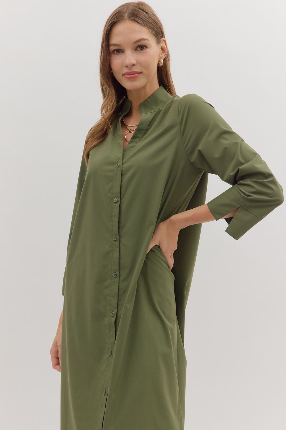 entro solid olive button down midi dress pockets