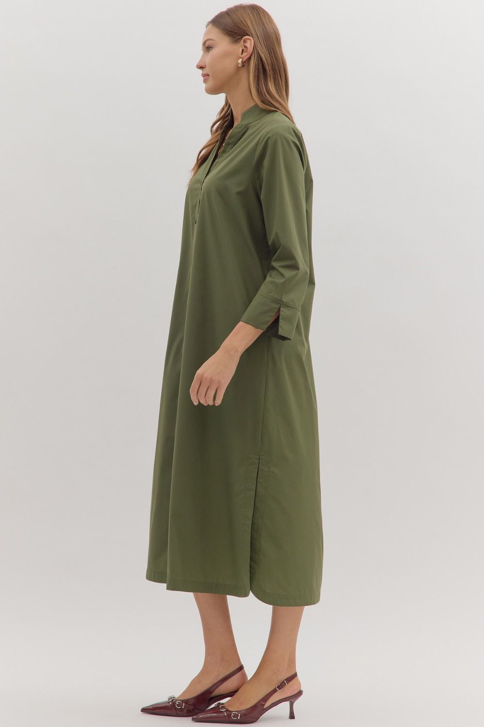 entro solid olive button down midi dress side