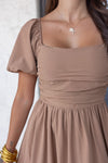 mocha puff sleeve midi dress