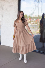 mocha puff sleeve midi dress