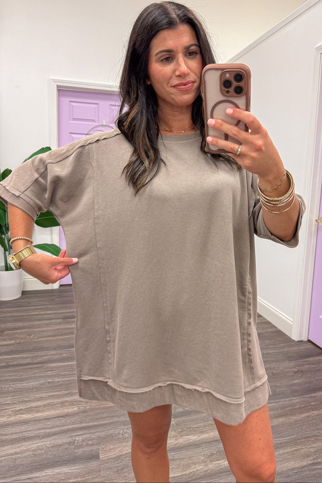 solid taupe dolman sleeve crew neckline oversized fit terry knit top