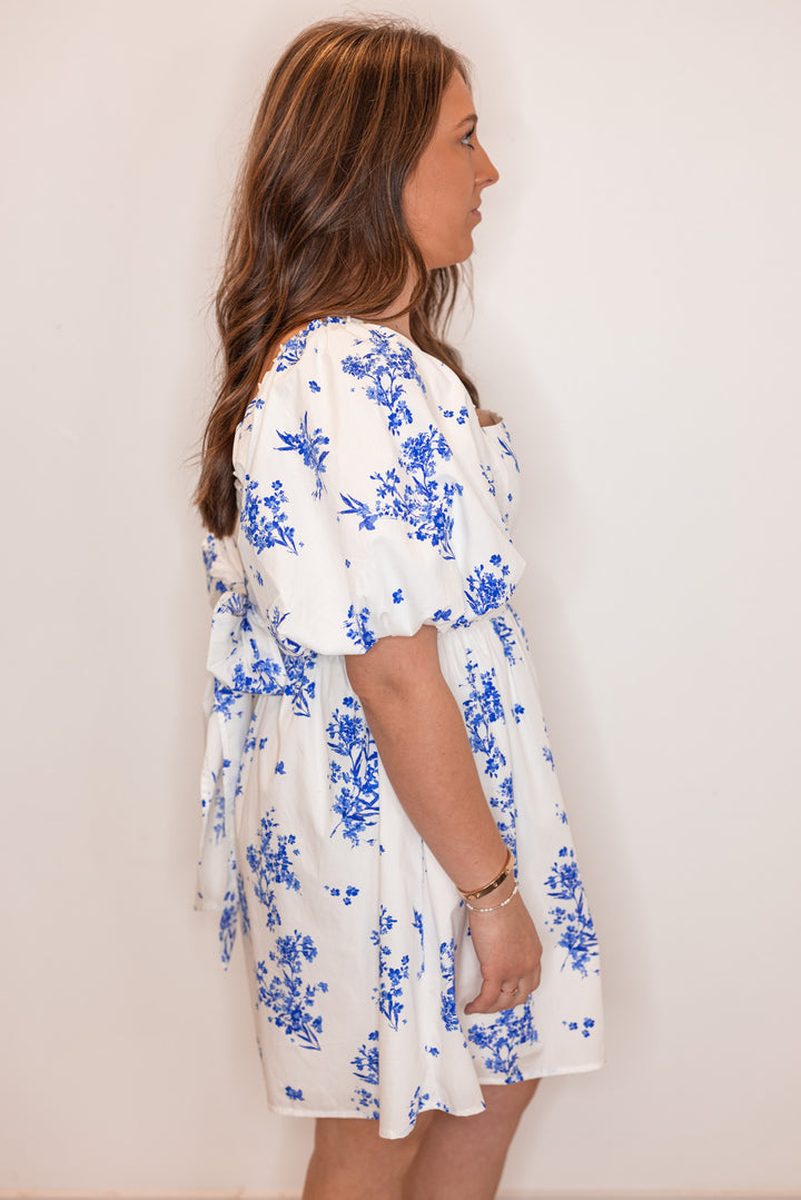 blue floral print white babydoll dress