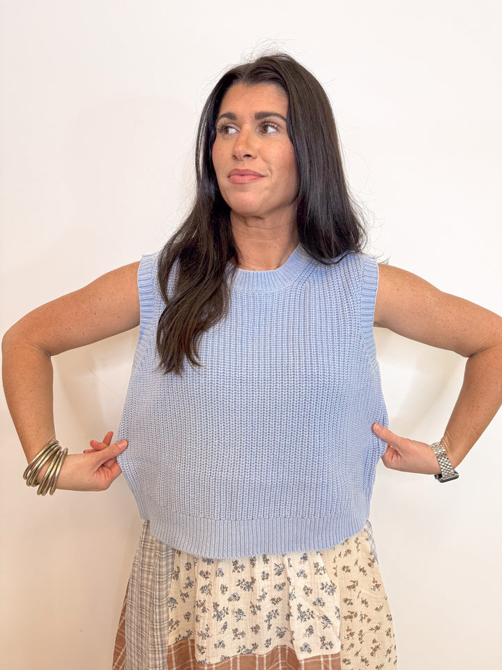 blue knit sleeveless sweater