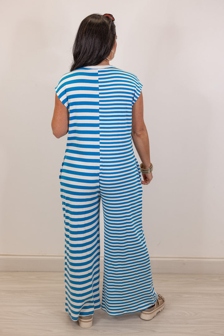 blue white knit stripe wide leg jumpsuit