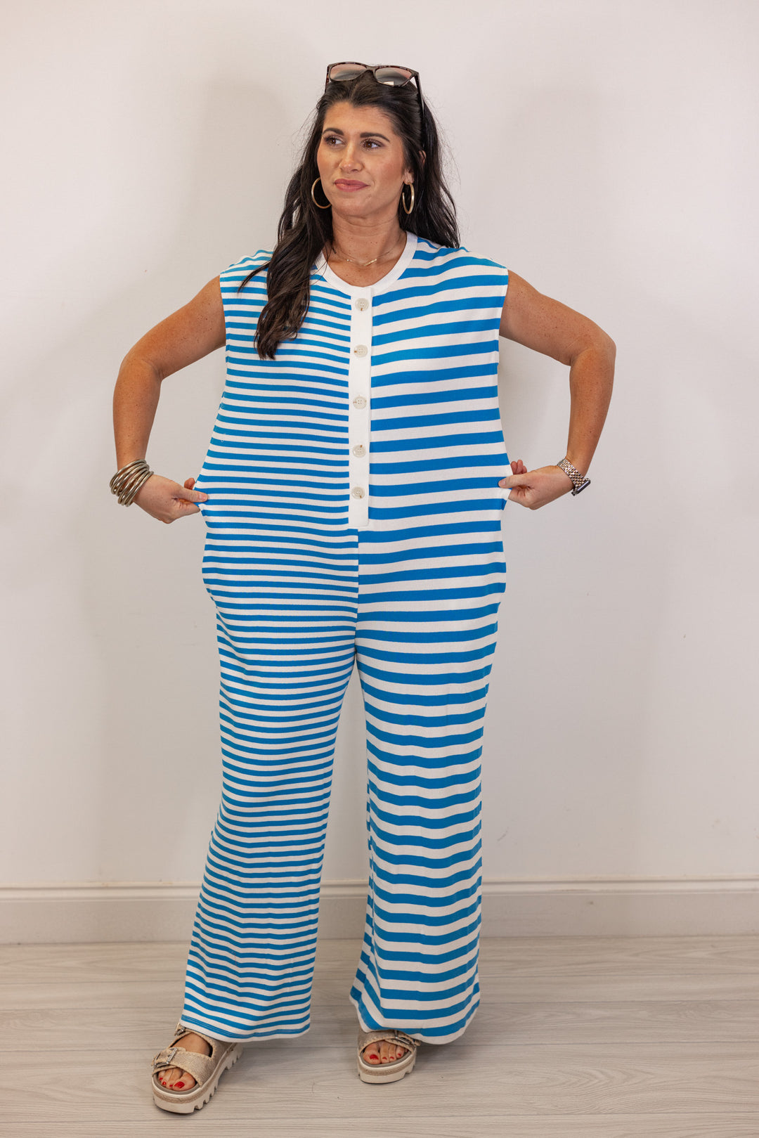 blue white knit stripe wide leg jumpsuit