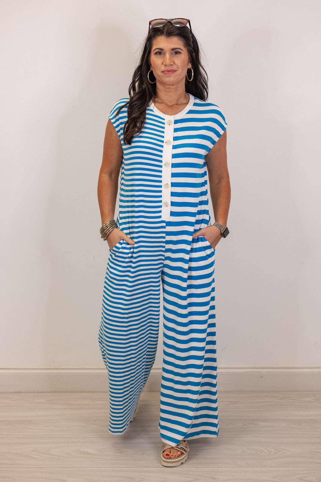 blue white knit stripe wide leg jumpsuit