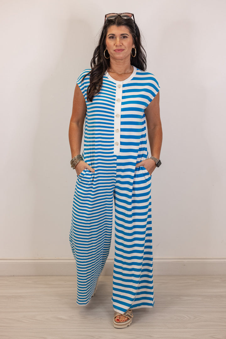 blue white knit stripe wide leg jumpsuit