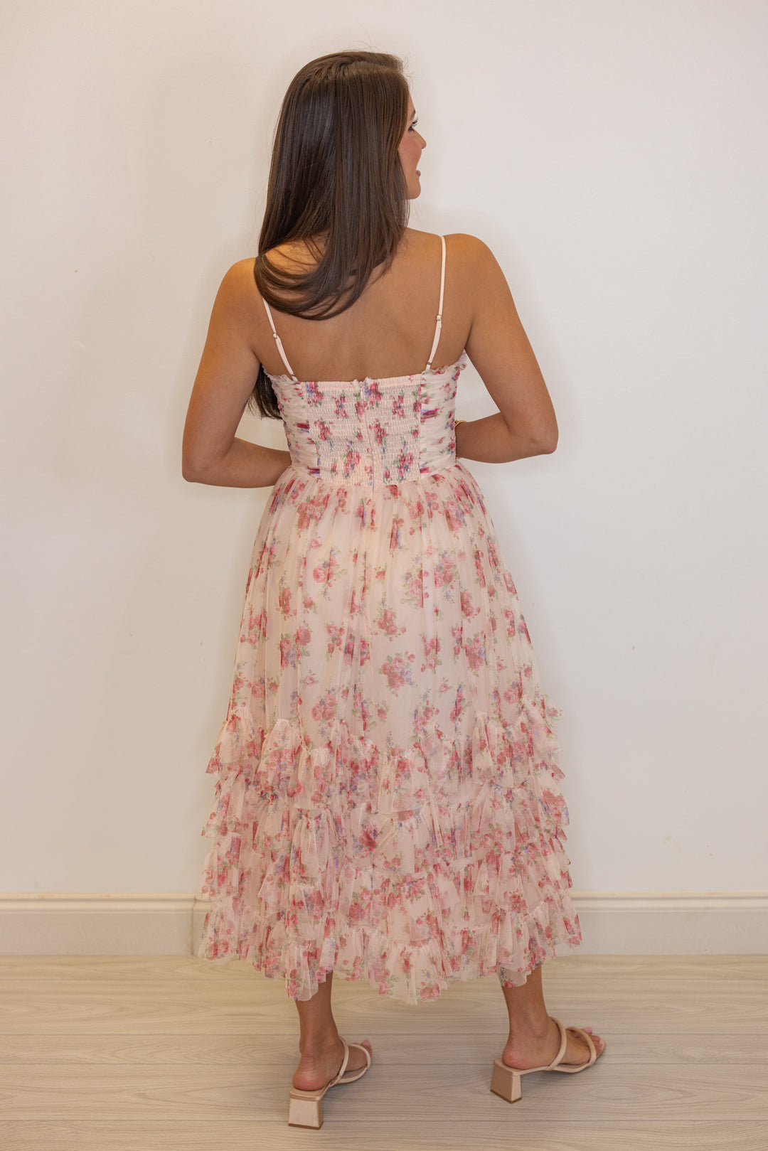 Pink floral sheer overlay event midi dress