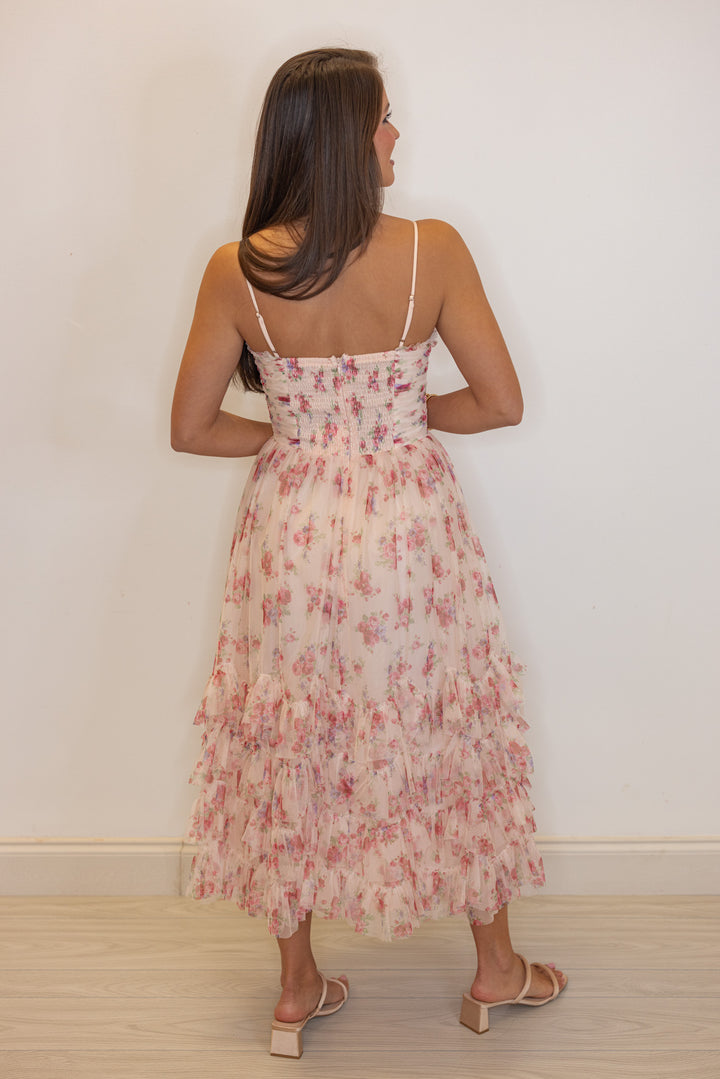 Pink floral sheer overlay event midi dress
