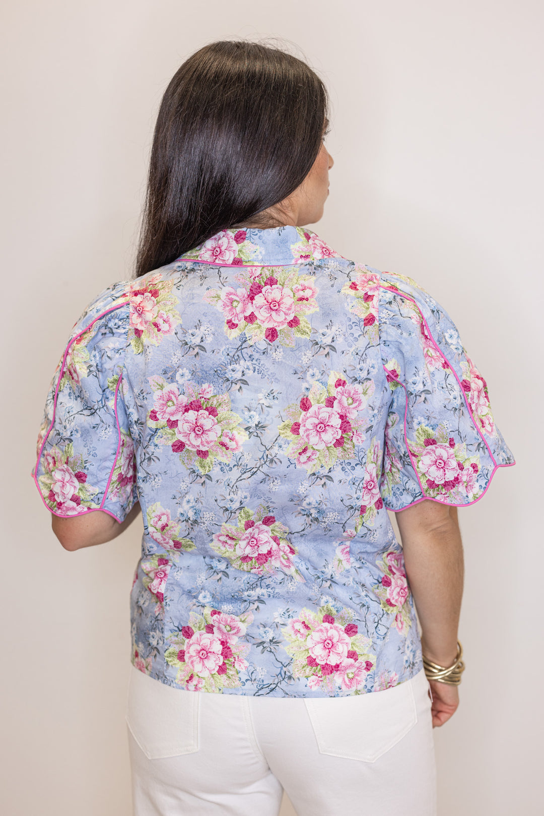 blue pink floral dressy blouse