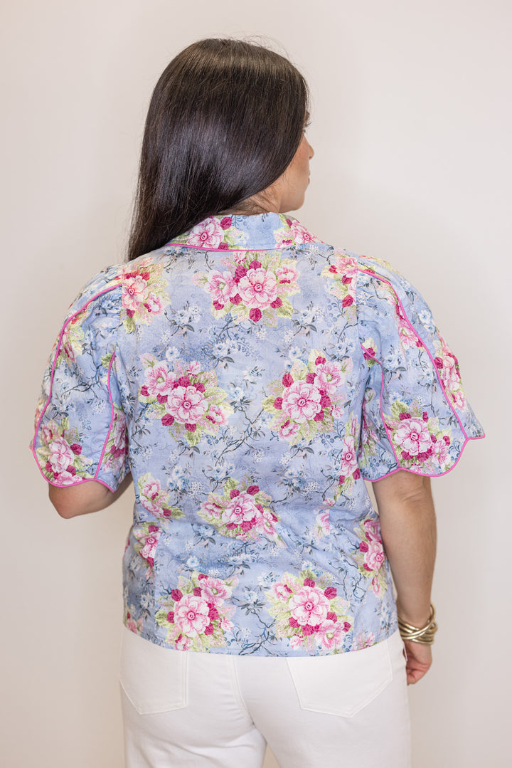 blue pink floral dressy blouse