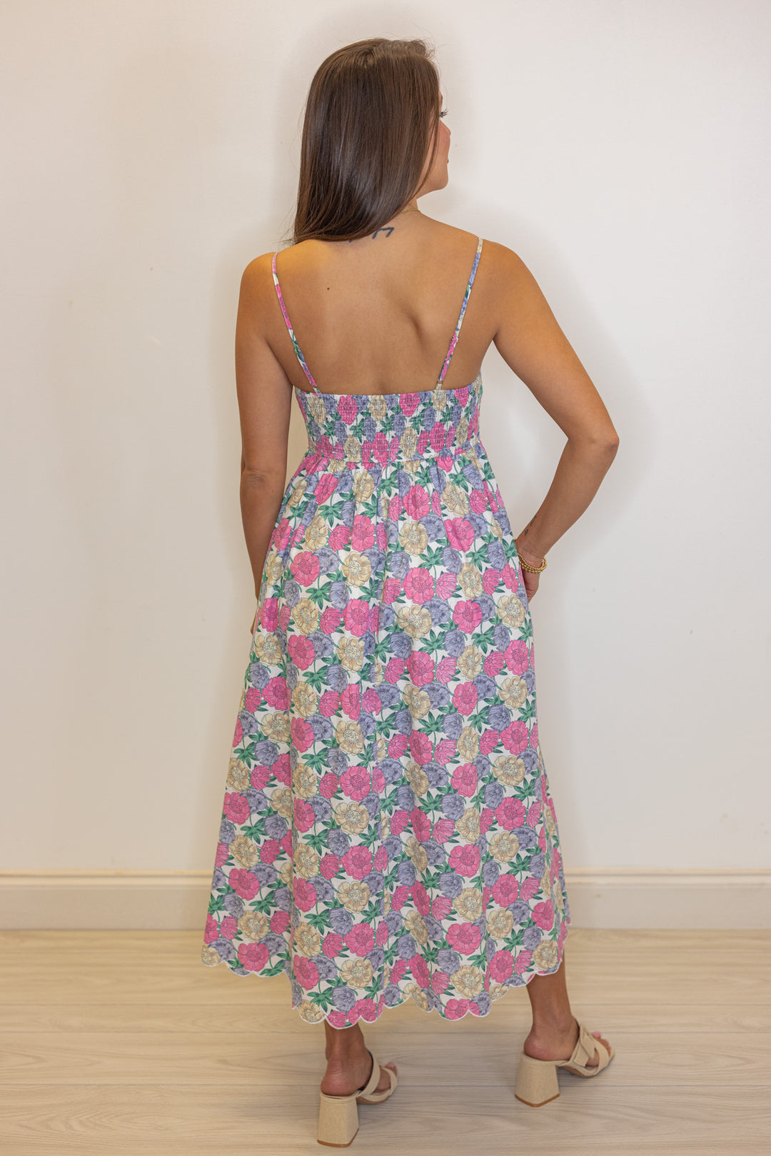 pink floral scalloped hem midi dress