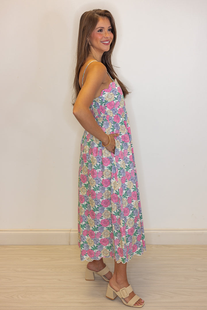 pink floral scalloped hem midi dress