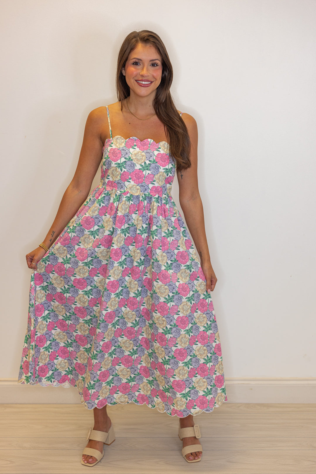 pink floral scalloped hem midi dress
