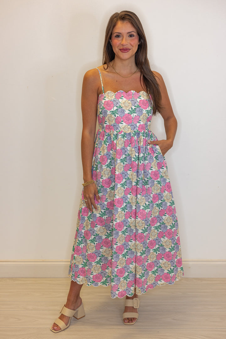 pink floral scalloped hem midi dress