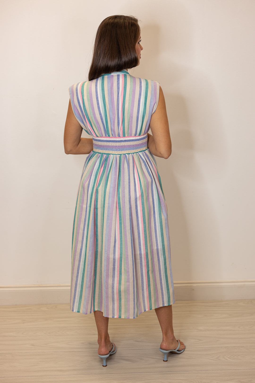 pastel multi stripe zip front midi dress