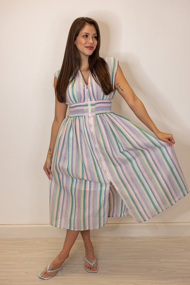 pastel multi stripe zip front midi dress