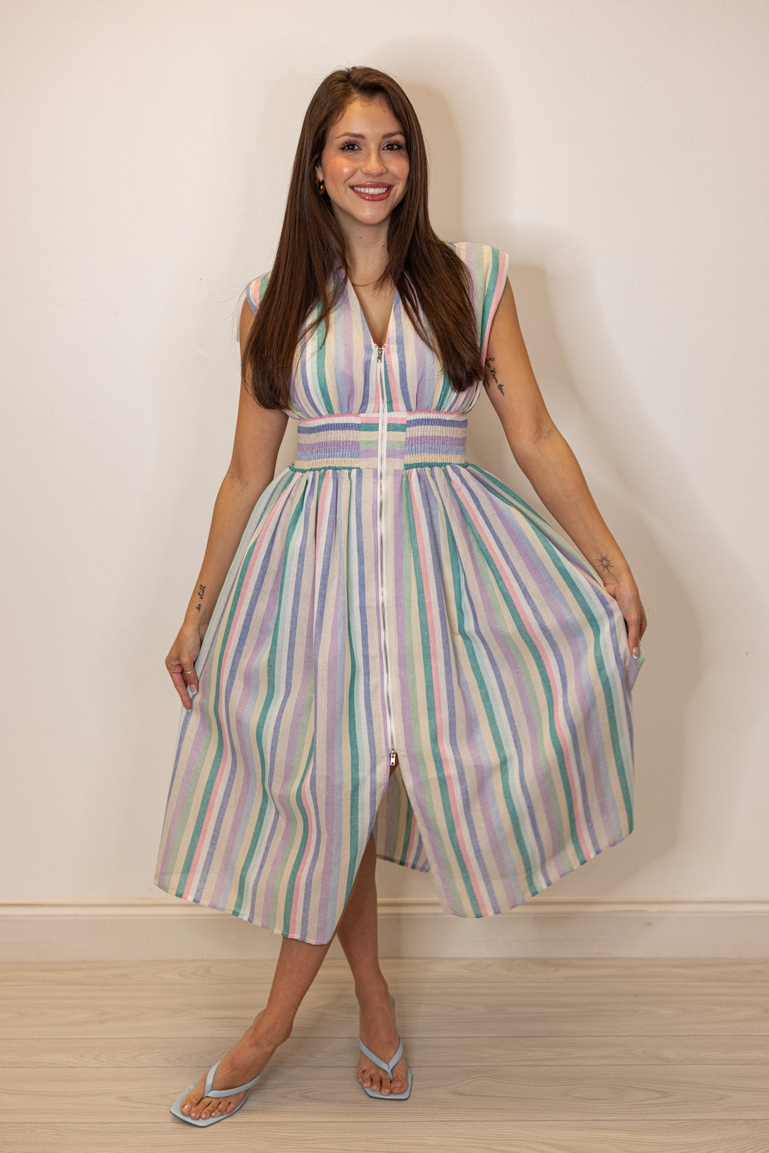 pastel multi stripe zip front midi dress