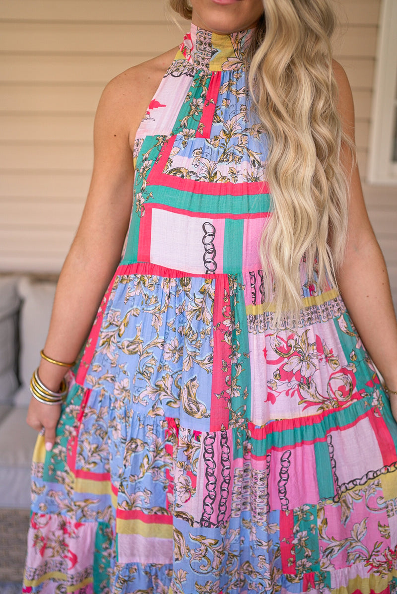 boho floral pattern halter midi dress