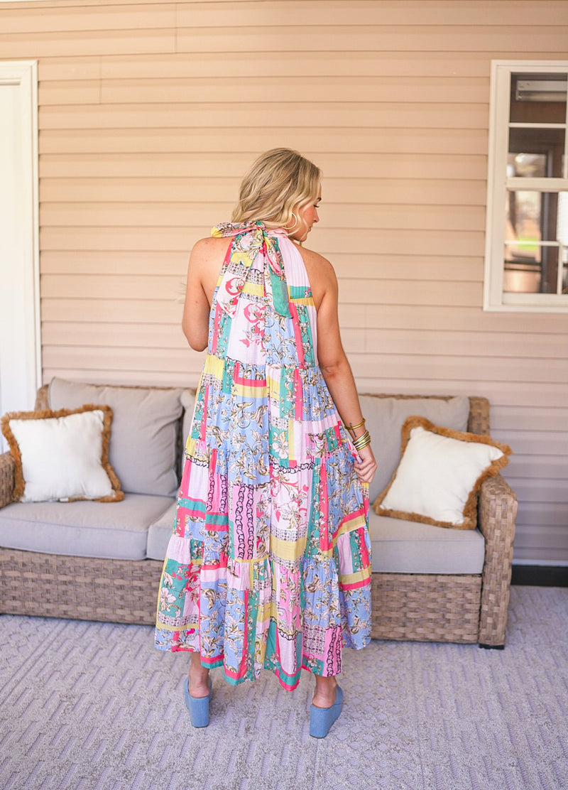 boho floral pattern halter midi dress