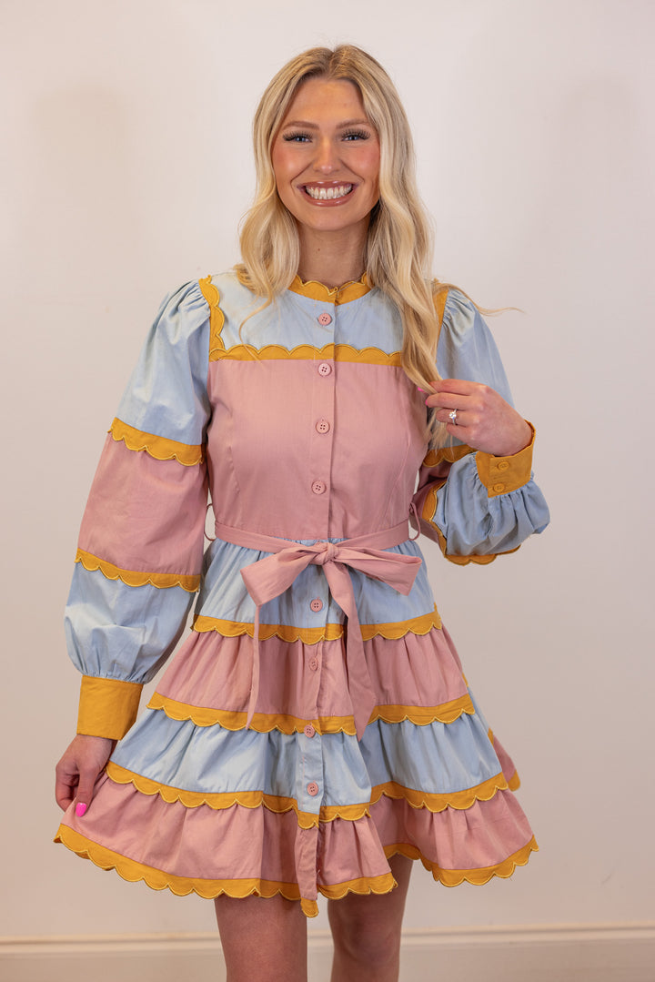 mauve mustard ric rac trim dress