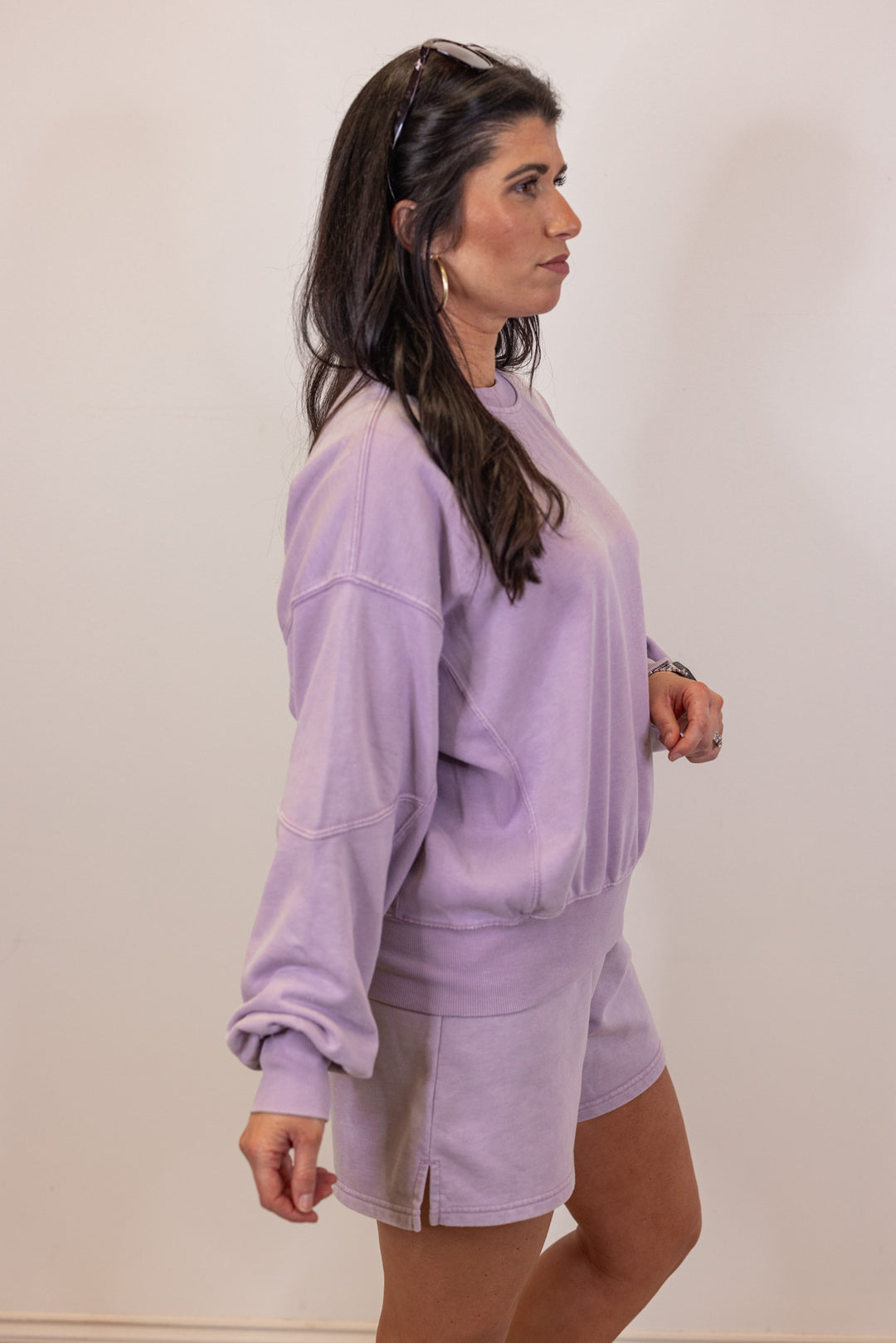 lavender shorts sweatshirt matching set