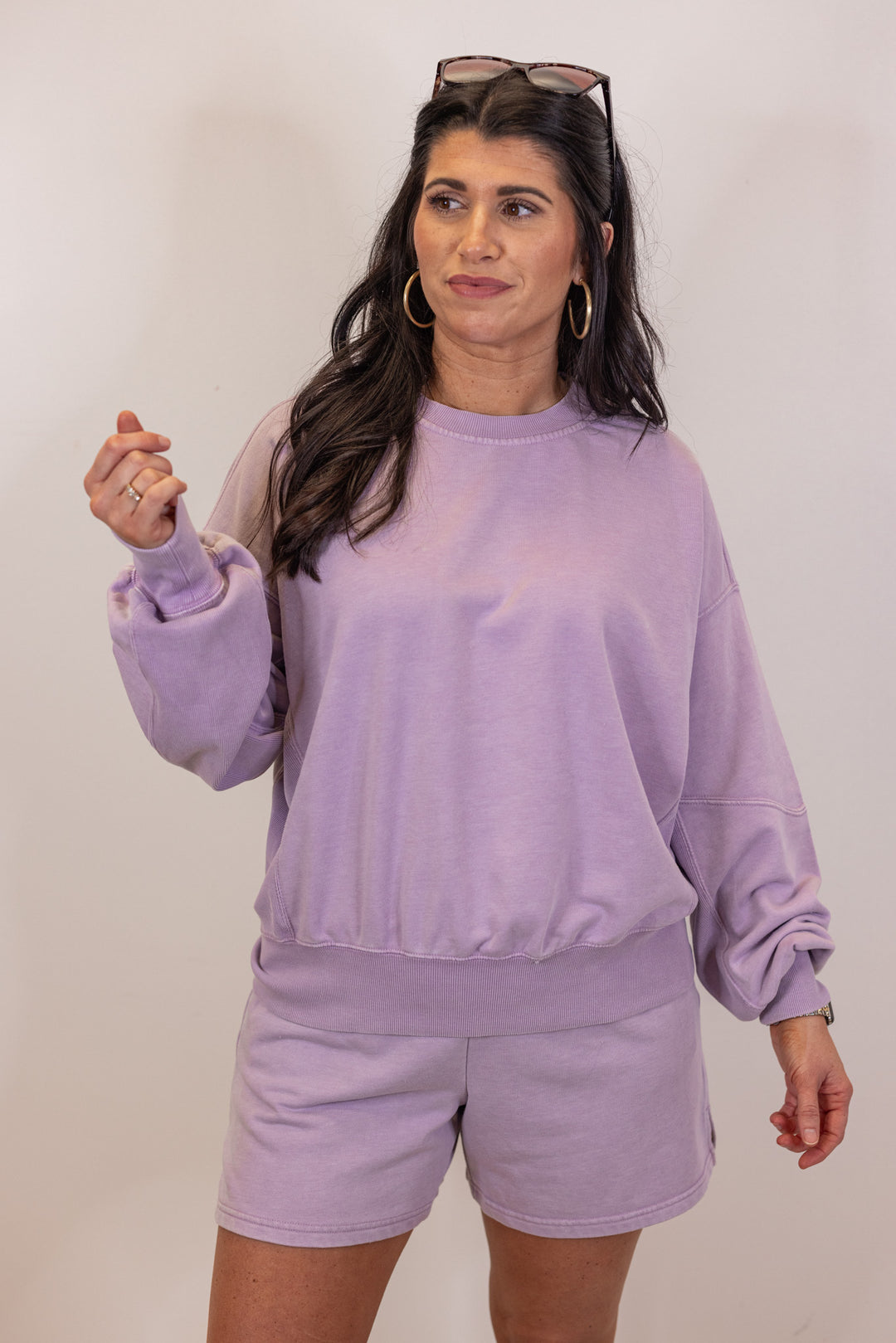 lavender shorts sweatshirt matching set