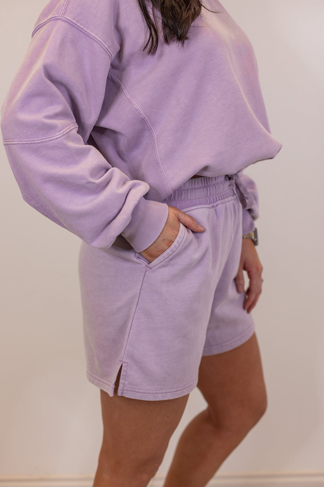 lavender shorts sweatshirt matching set
