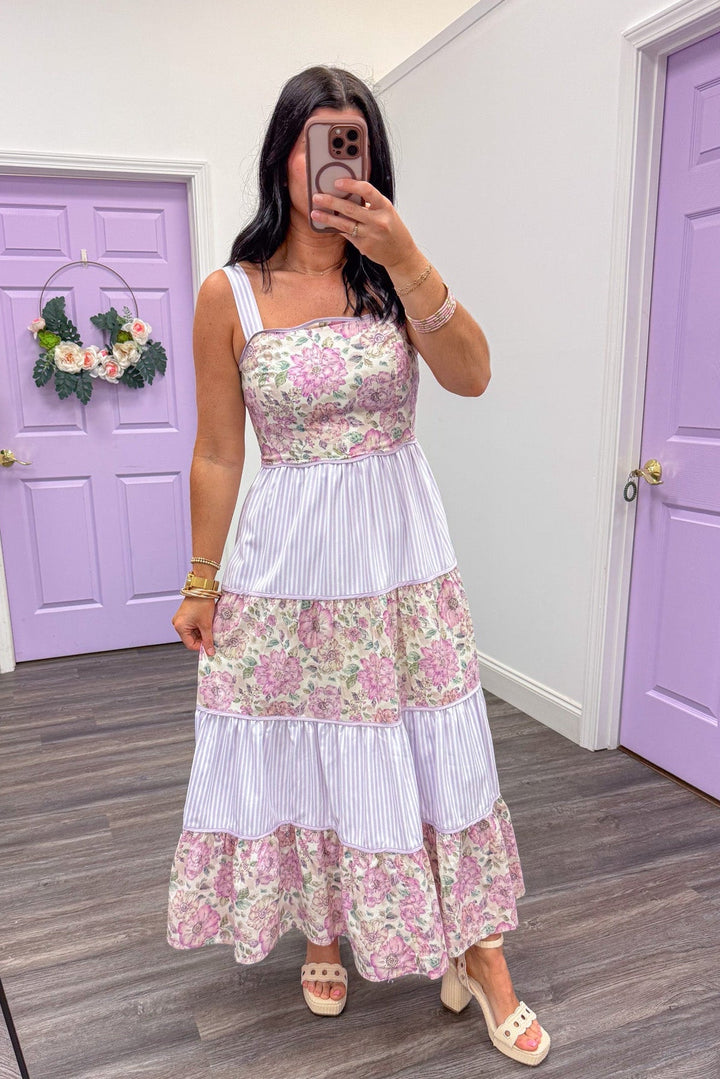 Women's trendy spring floral and stripe lavender midi dress