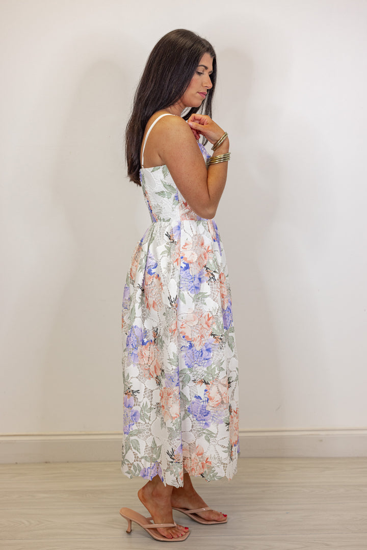 ivory floral eyelet bridal midi dress