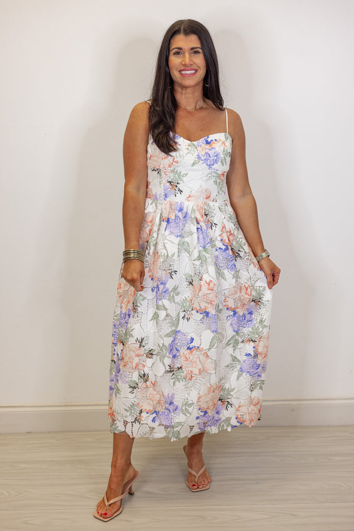 ivory floral eyelet bridal midi dress