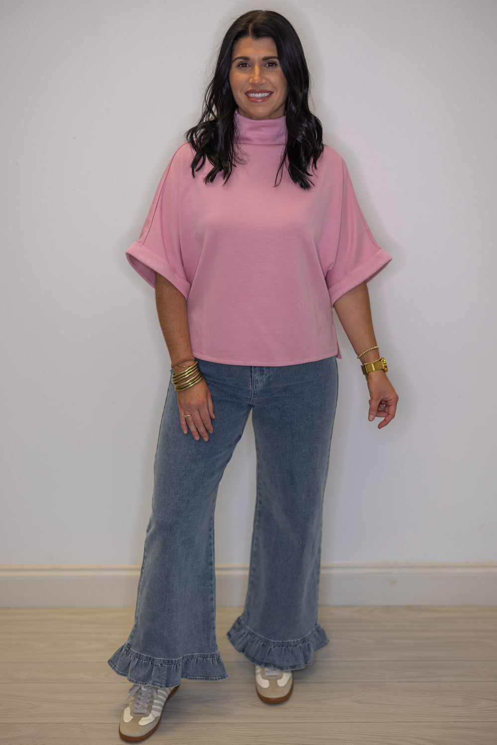 Women's light pink scuba knit top by Entro, great for Valentines Day