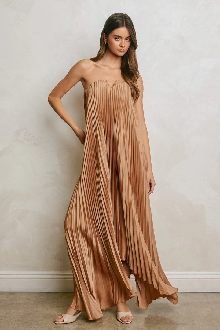 strapless pleated maxi dress