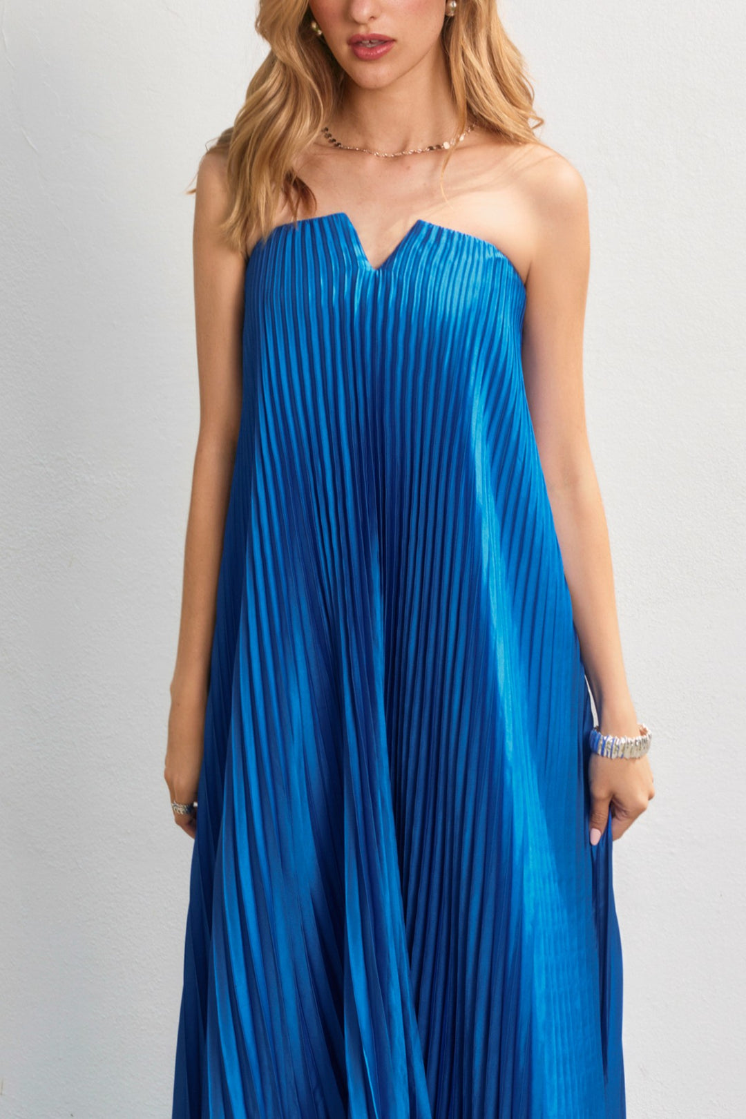 sapphire blue pleated maxi dress satin
