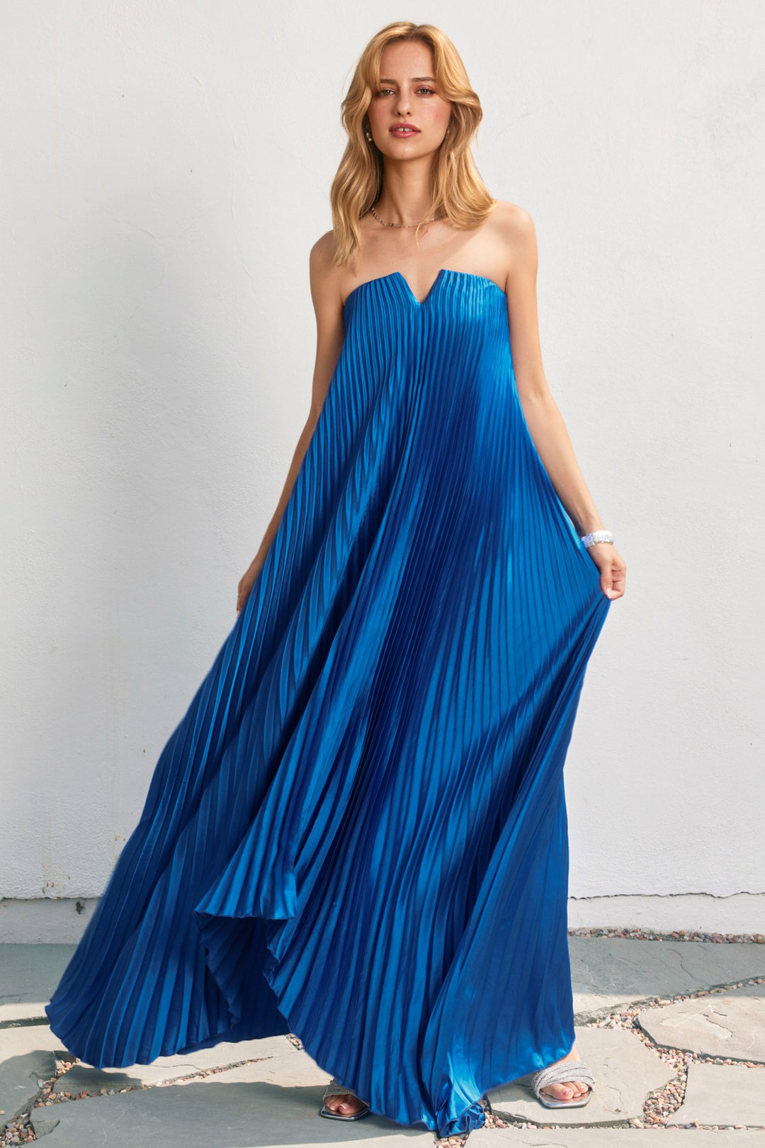 sapphire blue strapless pleated maxi dress