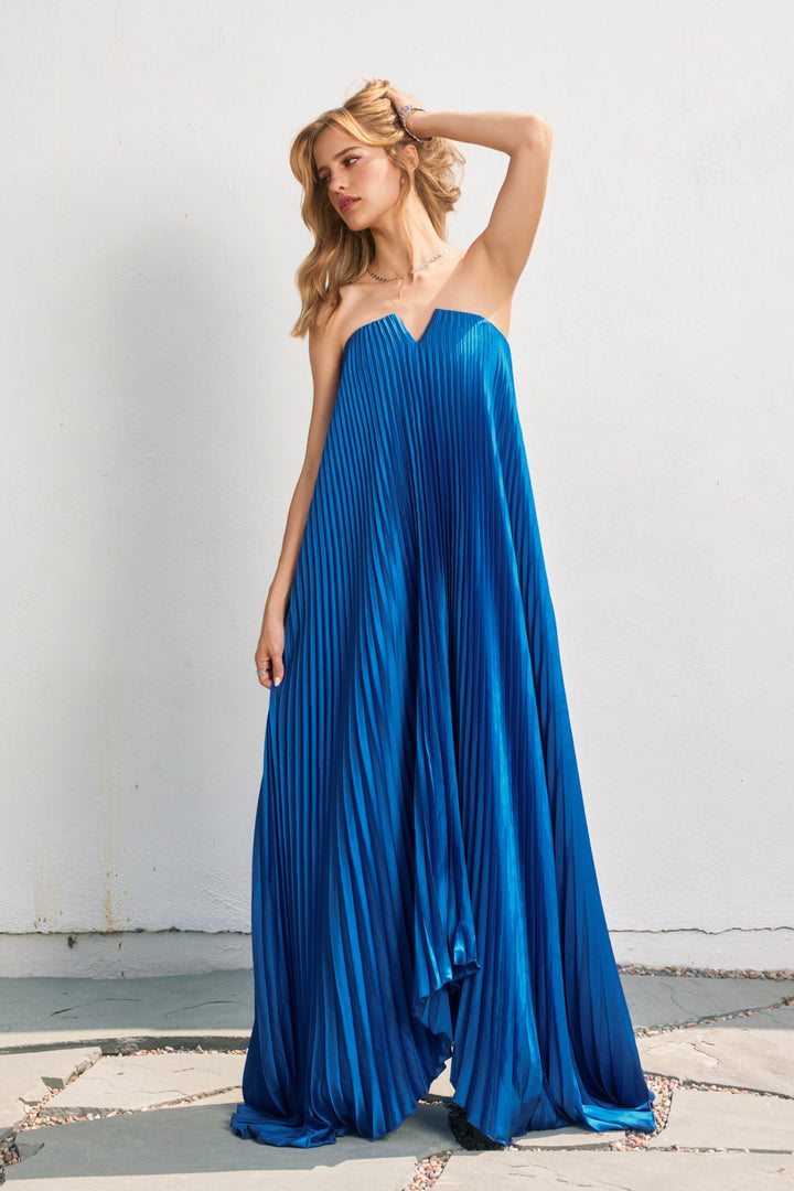 sapphire blue pleated maxi dress
