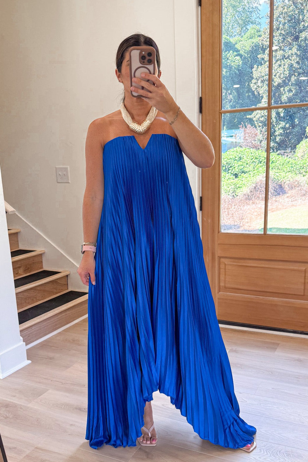 strapless pleated sapphire blue dress
