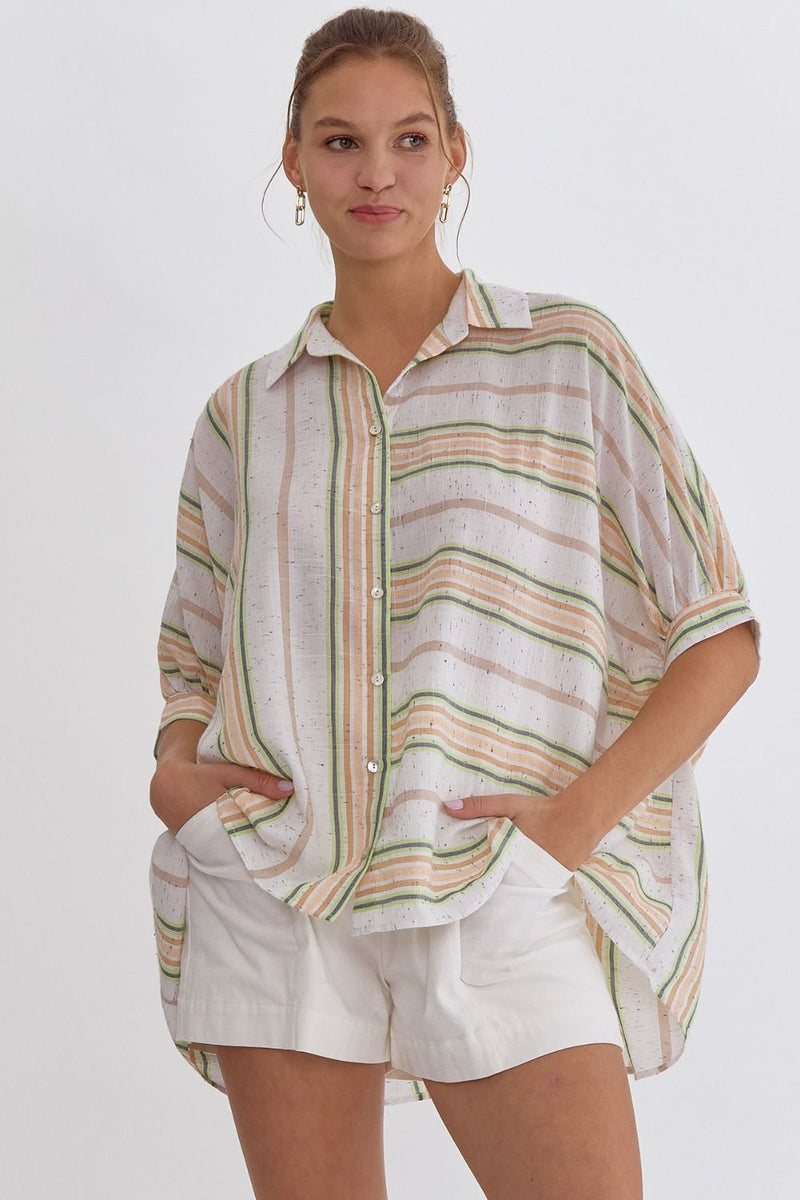 ENTRO stripe woven button up top white